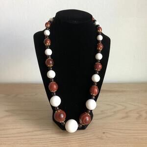 1960s Vintage Beaded Necklace - Brown, Black, White with Gold Accents